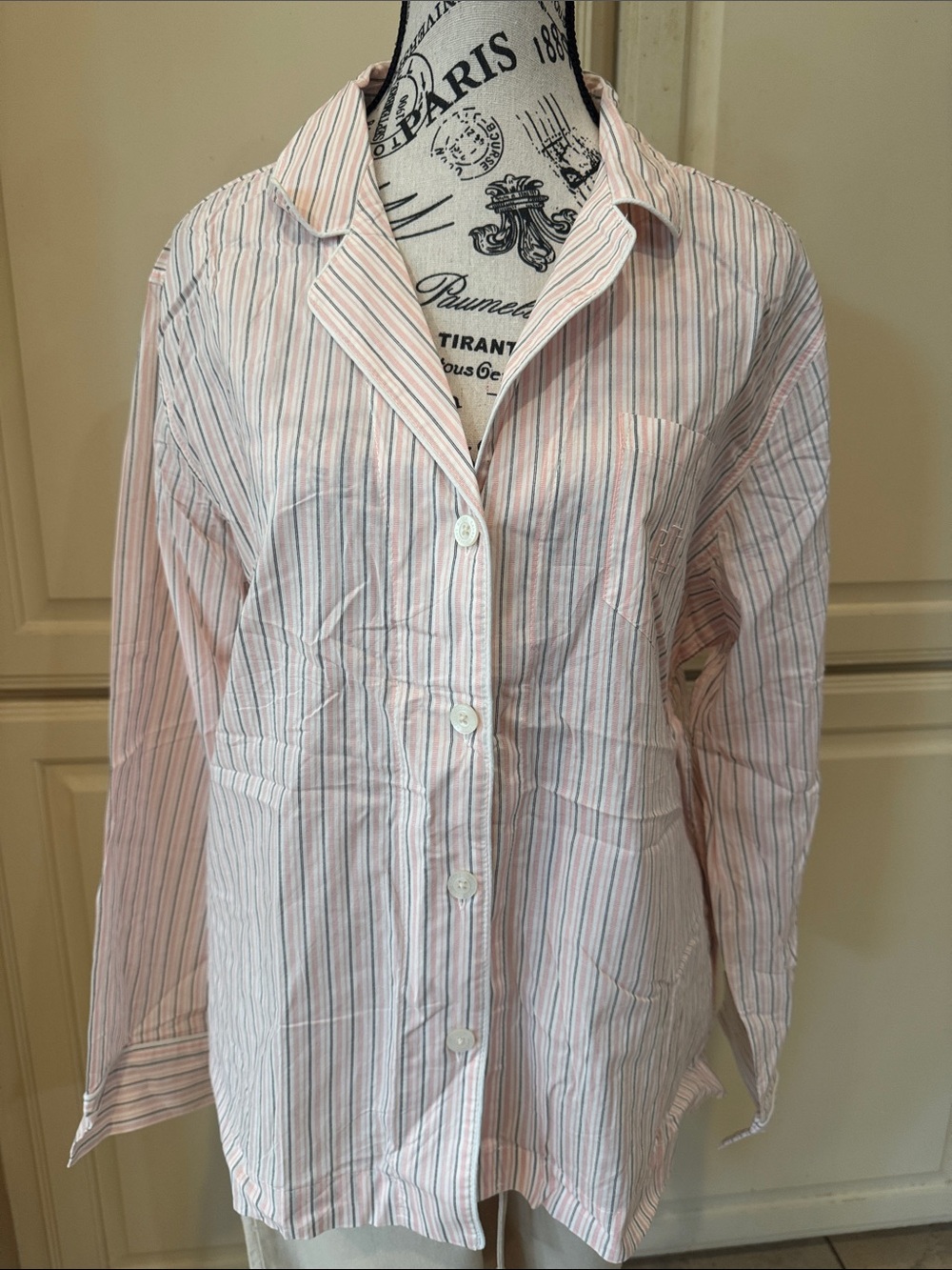 Women’s Pink & White Striped Button-Up Shirt . Pajamas sets with long pant.